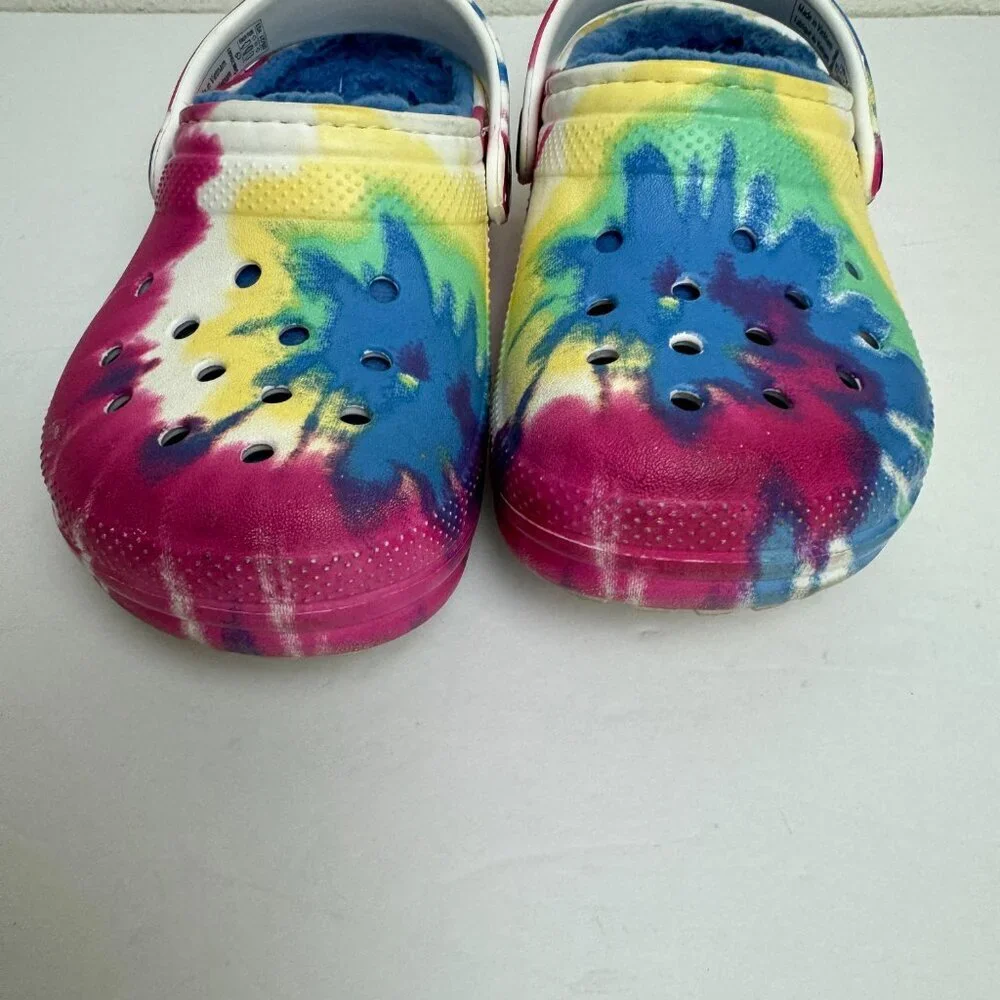 CROCS Kids Tye Dye Colorful faux fur Pink Blue Yellow size 9